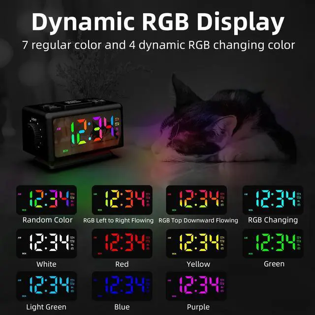 Alt view image 6 of 7 - Giofimok Digital Alarm Clock with Dua knobs like as Smart Ears, Easy to Use,11 Dynamic RGB Display and 7 colors, FM Radio, 2 USB Ports,, 0-100% Dimmer, Dual Alarm Clock with Snooze, Loud Alarm (Black)