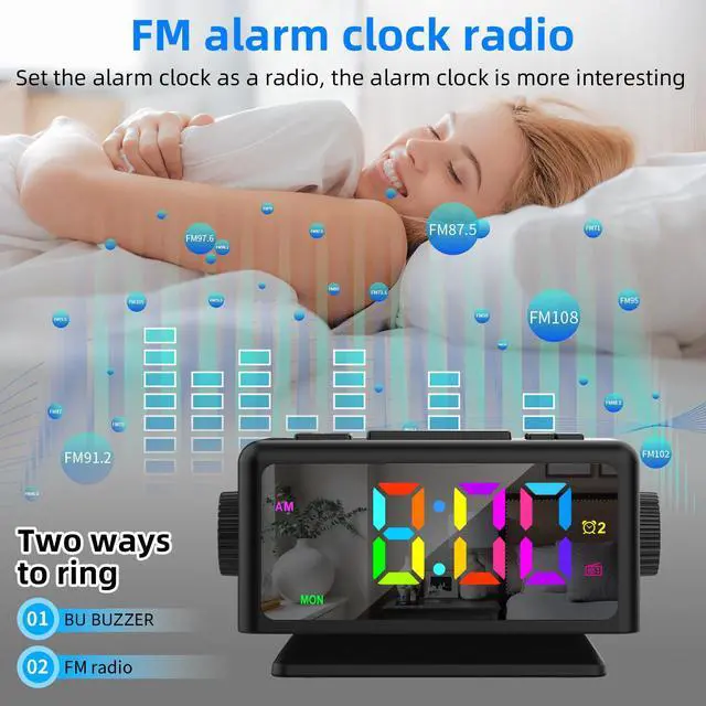 Alt view image 5 of 7 - Giofimok Digital Alarm Clock with Dua knobs like as Smart Ears, Easy to Use,11 Dynamic RGB Display and 7 colors, FM Radio, 2 USB Ports,, 0-100% Dimmer, Dual Alarm Clock with Snooze, Loud Alarm (Black)