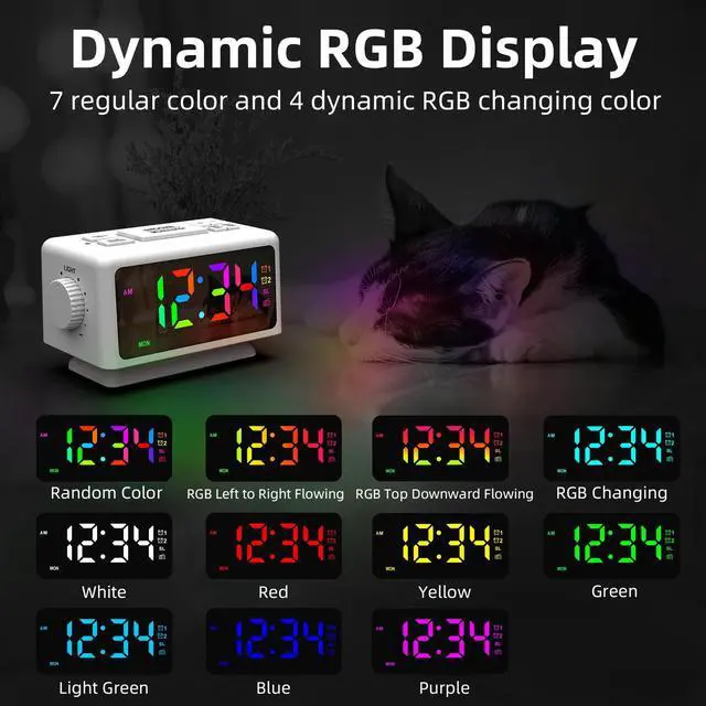 Alt view image 6 of 7 - Giofimok Digital Alarm Clock with Dua knobs like as Smart Ears, Easy to Use,11 Dynamic RGB Display and 7 colors, FM Radio, 2 USB Ports,, 0-100% Dimmer, Dual Alarm Clock with Snooze, Loud Alarm (White)