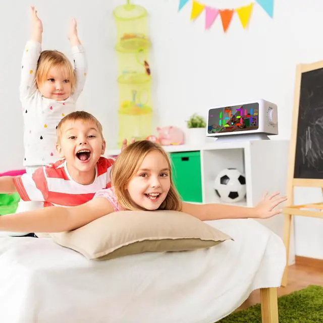 Alt view image 7 of 7 - Giofimok Digital Alarm Clock with Dua knobs like as Smart Ears, Easy to Use,11 Dynamic RGB Display and 7 colors, FM Radio, 2 USB Ports,, 0-100% Dimmer, Dual Alarm Clock with Snooze, Loud Alarm (White)