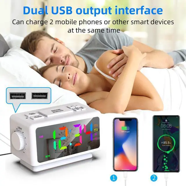 Alt view image 3 of 7 - Giofimok Digital Alarm Clock with Dua knobs like as Smart Ears, Easy to Use,11 Dynamic RGB Display and 7 colors, FM Radio, 2 USB Ports,, 0-100% Dimmer, Dual Alarm Clock with Snooze, Loud Alarm (White)