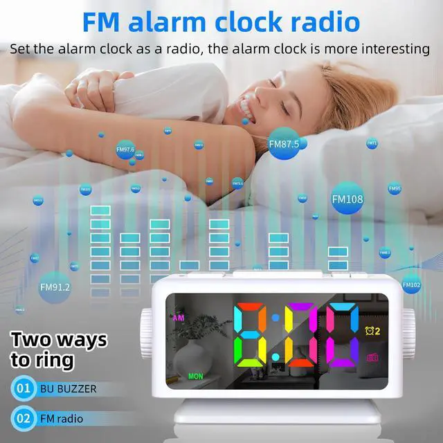 Alt view image 5 of 7 - Giofimok Digital Alarm Clock with Dua knobs like as Smart Ears, Easy to Use,11 Dynamic RGB Display and 7 colors, FM Radio, 2 USB Ports,, 0-100% Dimmer, Dual Alarm Clock with Snooze, Loud Alarm (White)