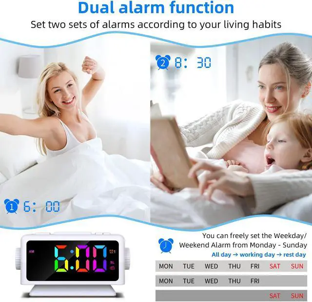 Alt view image 4 of 7 - Giofimok Digital Alarm Clock with Dua knobs like as Smart Ears, Easy to Use,11 Dynamic RGB Display and 7 colors, FM Radio, 2 USB Ports,, 0-100% Dimmer, Dual Alarm Clock with Snooze, Loud Alarm (White)