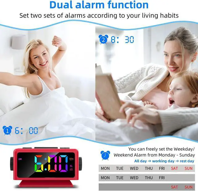 Alt view image 4 of 7 - Giofimok Digital Alarm Clock with Dua knobs like as Smart Ears, Easy to Use,11 Dynamic RGB Display and 7 colors, FM Radio, 2 USB Ports,, 0-100% Dimmer, Dual Alarm Clock with Snooze, Loud Alarm (Red)