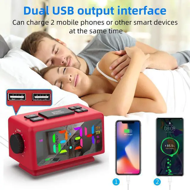 Alt view image 3 of 7 - Giofimok Digital Alarm Clock with Dua knobs like as Smart Ears, Easy to Use,11 Dynamic RGB Display and 7 colors, FM Radio, 2 USB Ports,, 0-100% Dimmer, Dual Alarm Clock with Snooze, Loud Alarm (Red)