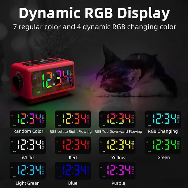 Alt view image 6 of 7 - Giofimok Digital Alarm Clock with Dua knobs like as Smart Ears, Easy to Use,11 Dynamic RGB Display and 7 colors, FM Radio, 2 USB Ports,, 0-100% Dimmer, Dual Alarm Clock with Snooze, Loud Alarm (Red)