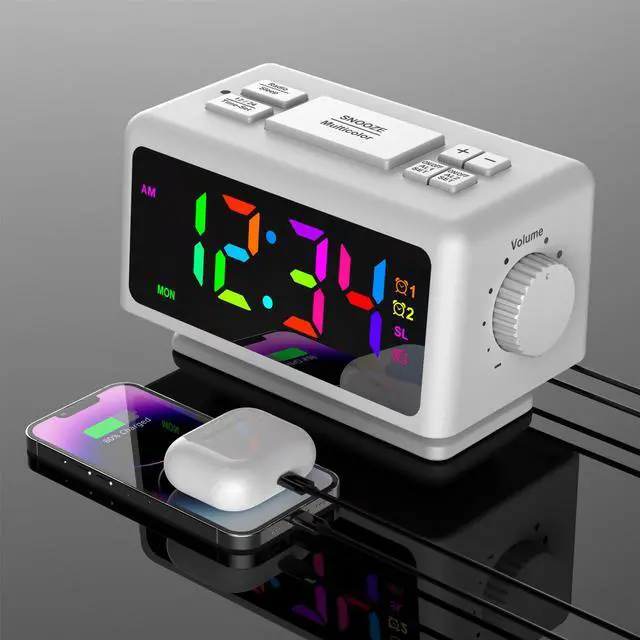Main image of Giofimok Digital Alarm Clock with Dua knobs like as Smart Ears, Easy to Use,11 Dynamic RGB Display and 7 colors, FM Radio, 2 USB Ports,, 0-100% Dimmer, Dual Alarm Clock with Snooze, Loud Alarm (White)