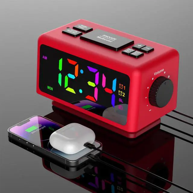 Main image of Giofimok Digital Alarm Clock with Dua knobs like as Smart Ears, Easy to Use,11 Dynamic RGB Display and 7 colors, FM Radio, 2 USB Ports,, 0-100% Dimmer, Dual Alarm Clock with Snooze, Loud Alarm (Red)