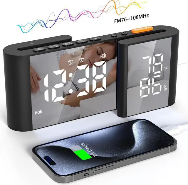 Main image of GIOFIMOK S-shaped Digital Alarm Clock, Dual Mirrored Display with Temperature & Humidity, FM Radio, USB port, Easy Setting, Auto Dim, 12/24H, Fashional Clock for Bedroom, Living Room, Office and More.