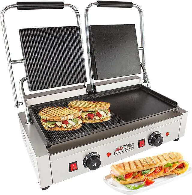 Main image of AP-691 Double Panini Press | Half-Ribbed & Half-Flat Sandwich Maker | Cast-Iron Plates | Nonstick Coating