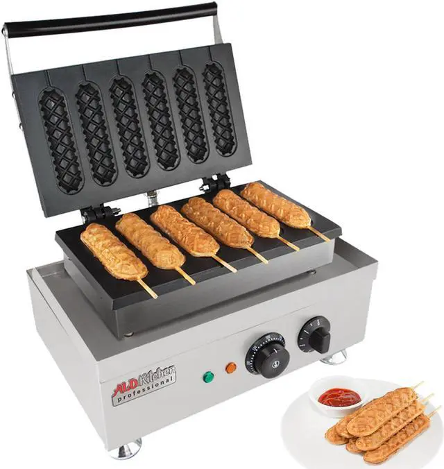 Main image of Corn Dog Waffle Maker for Commercial Use | 6 Hotdog Waffles on a Stick | Stainless Steel | 110V (6 Hot Dogs)