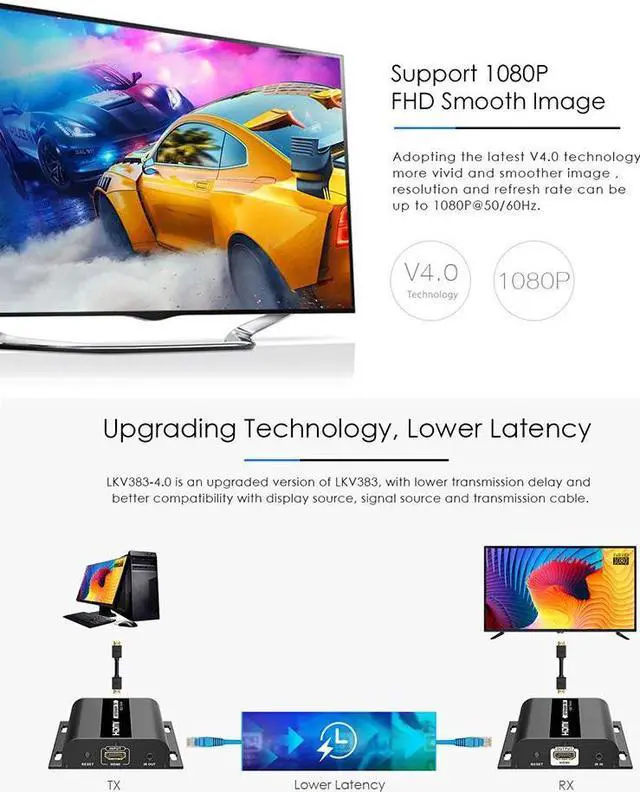 Alt view image 4 of 8 - 1 TX and 1 RX kit, LKV383 V4.0 1080P HDMI Extender with IR 394ft /120M Over Single Cat5 /Cat6 /Cat7 Ethernet Network and LAN Router/Switcher for HD STB,DVD,PS3, etc Supports TCP/IP by Ethernet