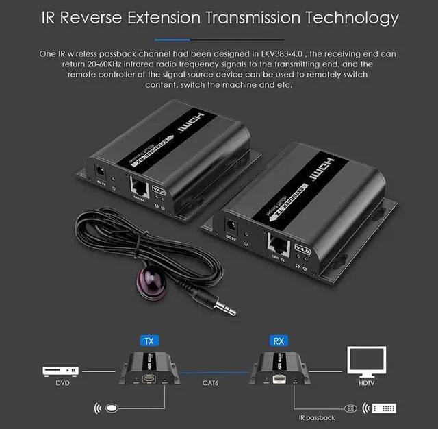 Alt view image 5 of 8 - 1 TX and 1 RX kit, LKV383 V4.0 1080P HDMI Extender with IR 394ft /120M Over Single Cat5 /Cat6 /Cat7 Ethernet Network and LAN Router/Switcher for HD STB,DVD,PS3, etc Supports TCP/IP by Ethernet