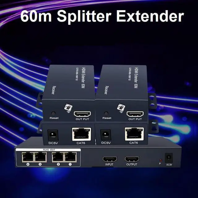 Main image of Up to 60m, 1x4 HDMI Extender 1080P with Loop Out 1 Transmitter 4 Receivers Over RJ45 Cat6/7 Plug and Play