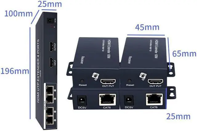 Alt view image 4 of 8 - Up to 60m, 1x4 HDMI Extender 1080P with Loop Out 1 Transmitter 4 Receivers Over RJ45 Cat6/7 Plug and Play