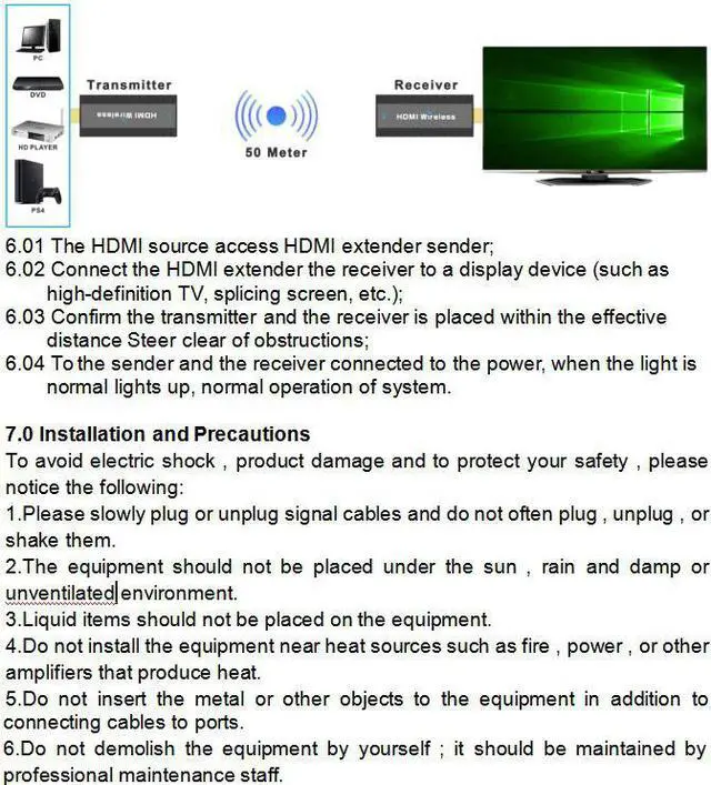 Alt view image 7 of 7 - 164Ft / 50m Wireless HDMI Video Transmitter and Receiver Extender Converter Display Adapter Screen Share Switch for PS4 PC To TV Monitor Projector