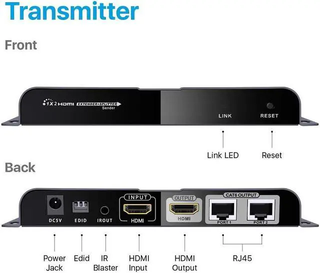 Alt view image 4 of 4 - 2-Port HDMI Splitter Over Cat6 1x2 1080P Extender With IR - 40M/131Ft, with HDMI Loop-Out Local Display POE Function with one Power Supply 2 Way