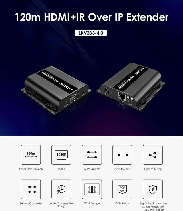 Alt view image 2 of 8 - 1 TX and 3 RX kit, LKV383 V4.0 1080P HDMI Extender with IR 394ft /120M Over Single Cat5 /Cat6 /Cat7 Ethernet Network and LAN Router/Switcher for HD STB,DVD,PS3, etc Supports TCP/IP by Ethernet