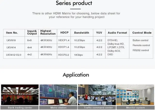 Alt view image 7 of 7 - Genuine LKV818 4K 8x8 HDMI Matrix Switch 4Kx2K@30Hz HDMI1.4 YUV4:2:2 HD 3D Switcher 8 In 8 Out HDCP1.4 with IR Remote Control RS232