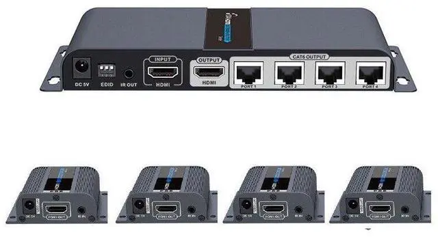 Main image of 1 in 4 Out LKV714Pro HDMI Extender 1080P@60HZ 1x4 POE Splitter Device Over CAT6/6A/7/8 Cable, Transmission up to 40m/131ft with Loop-Out Local Display,Support IR Remote Control,EDID Function 4 Way