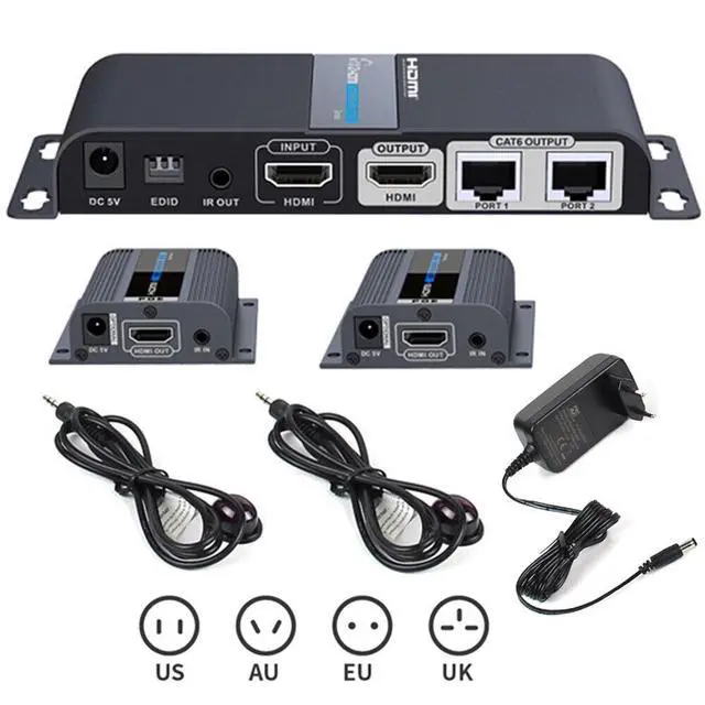 Main image of 2-Port HDMI Splitter Over Cat6 1x2 1080P Extender With IR - 40M/131Ft, with HDMI Loop-Out Local Display POE Function with one Power Supply 2 Way