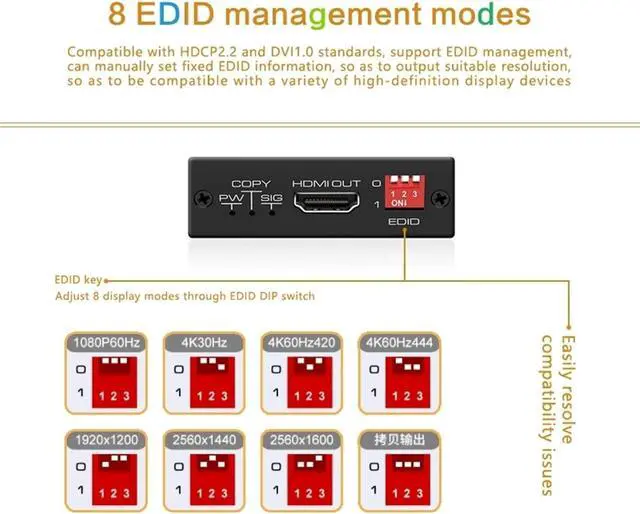 Alt view image 3 of 6 - HDMI EDID Manager 4K 60Hz Prophecy Emulator 8 EDID Mode EDID Copier Programmable Gains Equalized 4K@60Hz HDMI 2.0b Signal HDCP2.2 18Gbps HDR