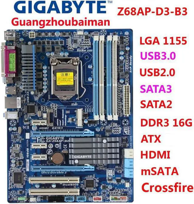 Main image of FOR GIGABYTE GA-Z68AP-D3-B3 LGA 1155 DDR3  HDMI Intel Z68 SATA 6Gb/s USB 3.0 ATX Intel Motherboard