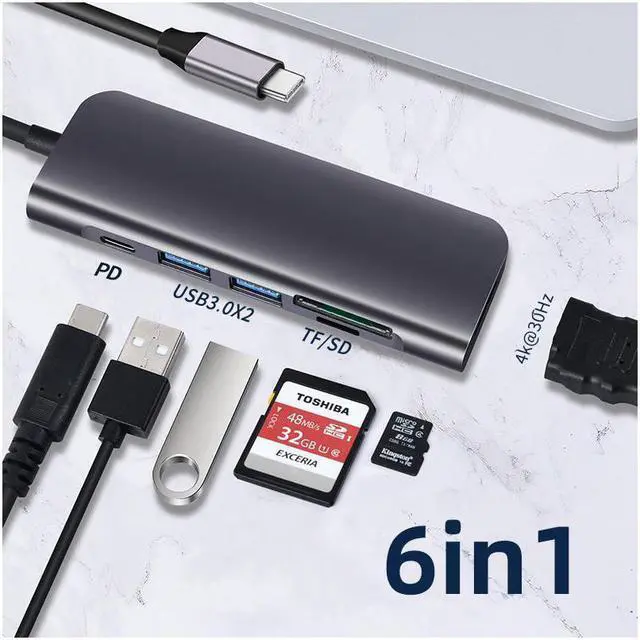 Main image of 6in1 USB C Hub, Type-C laptop Docking station, 4K Display, compatible with Windows, MacOS (2*USB3.0, DP, SD/TF, etc), Tek-sailing TSDS601
