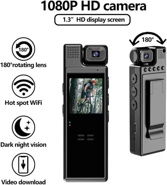 Alt view image 2 of 7 - Mini digital camera 1080P police law enforcement recorder portable small camera HD infrared night vision camera rotatable Micro SD IDO type 30fps (32GB)