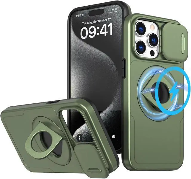 Main image of Fashion Case with Stander Wireless Charging Supported Case For iPhone 15 Pro (6.1inch) (Green)