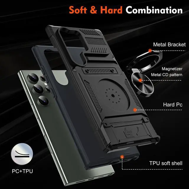 Alt view image 6 of 7 - New Fashion Case with Card Holder Stander Shockproof Case For Samsung Galaxy S24 Ultra (Black)