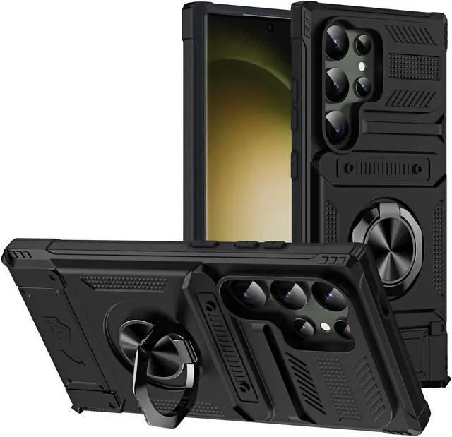 Main image of New Fashion Case with Card Holder Stander Shockproof Case For Samsung Galaxy S24 Ultra (Black)