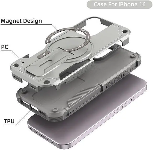 Alt view image 7 of 7 - TYJKeJi Case with Stander Fashion Cover (Compatible with Magsafe) KickStand Case For iPhone 16 (6.1inch) (Gray)