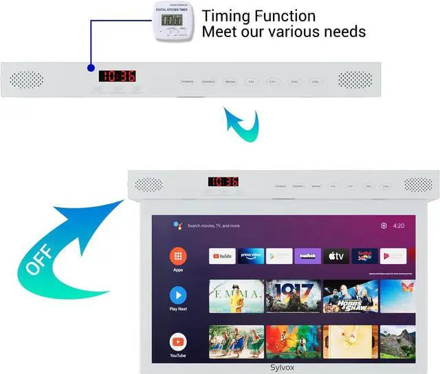 Alt view image 4 of 8 - SYLVOX 15.6" Kitchen Smart TV Flap Down Screen TV Android 11.0 Supports LED Clock Alarm Clock WiFi & Wireless Connection, Storage Design, can be Installed in The Bottom of The Cabinet (KT16A0KGGA)