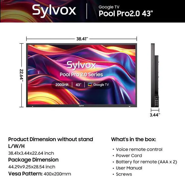 Alt view image 7 of 8 - SYLVOX Outdoor TV, 43" Google TV with Dobly Atmos, Google Assistant, 4K 2000nits Full Sun Outside Television, IP55 Waterproof for All Weather (Pool Pro 2.0 NEW)