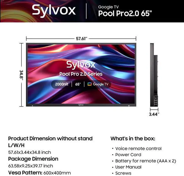 Alt view image 7 of 7 - SYLVOX Outdoor TV, 65" Google TV with Dobly Atmos, Google Assistant, 4K 2000nits Full Sun Outside Television, IP55 Waterproof for All Weather (Pool Pro 2.0 NEW)