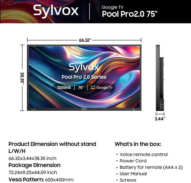 Alt view image 7 of 7 - SYLVOX Outdoor TV, 75" Google TV with Dobly Atmos, Google Assistant, 4K 2000nits Full Sun Outside Television, IP55 Waterproof for All Weather (Pool Pro 2.0 NEW)