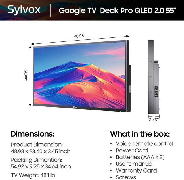 Alt view image 7 of 7 - SYLVOX Smart Outdoor TV, 55'' 4K 1000nits QLED Waterproof TV, Newest Google TV with Dolby Atmos, All Weatherproof TV for Partial Sun (Deck Pro QLED 2.0 New)