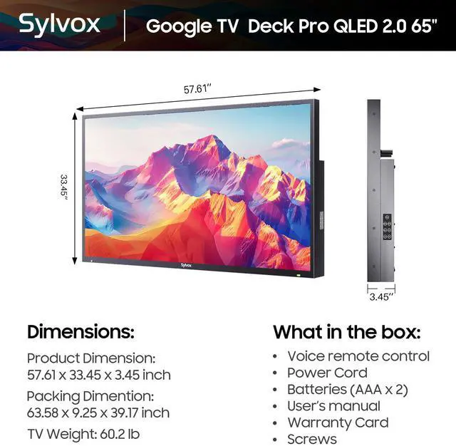 Alt view image 7 of 7 - SYLVOX Smart Outdoor TV, 65'' 4K 1000nits QLED Waterproof TV, Newest Google TV with Dolby Atmos, All Weatherproof TV for Partial Sun (Deck Pro QLED 2.0 New)