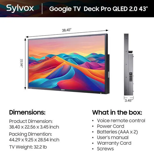 Alt view image 7 of 7 - SYLVOX Smart Outdoor TV, 43'' 4K 1000nits QLED Waterproof TV, Newest Google TV with Dolby Atmos, All Weatherproof TV for Partial Sun (Deck Pro QLED 2.0 New)