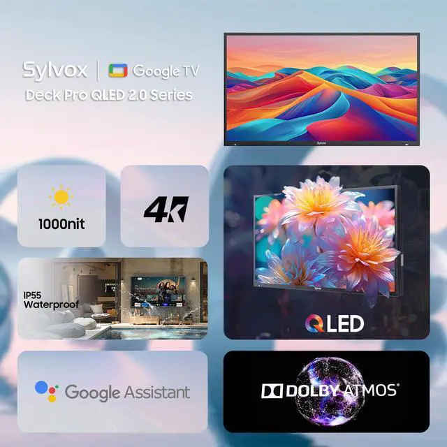 Alt view image 2 of 7 - SYLVOX Smart Outdoor TV, 75'' 4K 1000nits QLED Waterproof TV, Newest Google TV with Dolby Atmos, All Weatherproof TV for Partial Sun (Deck Pro QLED 2.0 New)