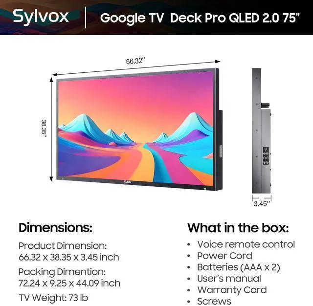 Alt view image 7 of 7 - SYLVOX Smart Outdoor TV, 75'' 4K 1000nits QLED Waterproof TV, Newest Google TV with Dolby Atmos, All Weatherproof TV for Partial Sun (Deck Pro QLED 2.0 New)