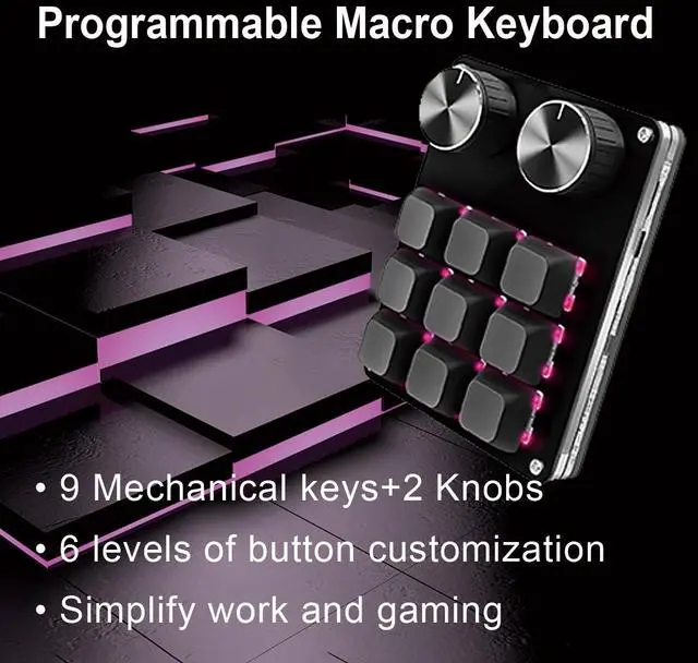 Alt view image 2 of 7 - Programmable Macro Keypad - 9 Custom Keys & Dual Knobs, RGB Mechanical Mini Keypad for Gaming & Office & Desktop Setup