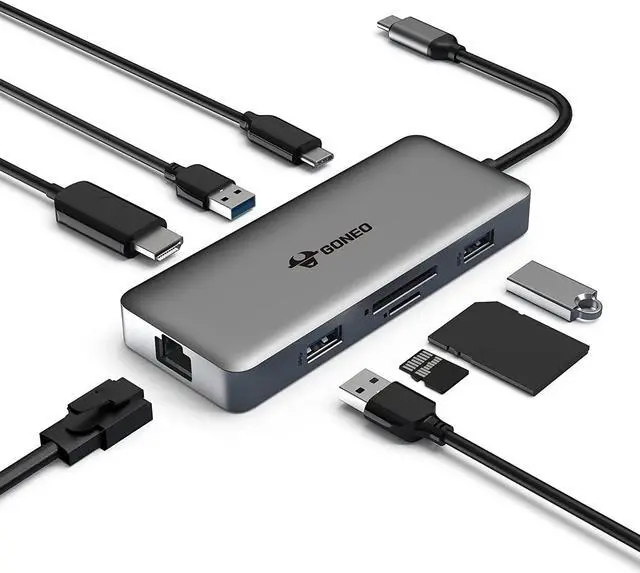 Main image of GONEO 8-in-1 USB C Hub, USB C Docking Station Multiport USB C Adapter with 4K HDMI Port, 3 USB Ports, SD/TF Card Reader, Ethernet Port for Dell/MacBook Pro/HP XPS/Lenovo Laptops