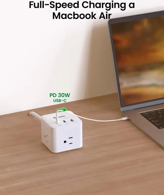 Alt view image 2 of 7 - GONEO USB C Power Strip 30W,Charging Station with 3 Outlets,2 USB C Ports,5ft Flat Extension Cord,Power Cube for iPhone 14/13/12/11/iWatch/iPad,Travel Cruise Apartment College Dorm Room Essentials