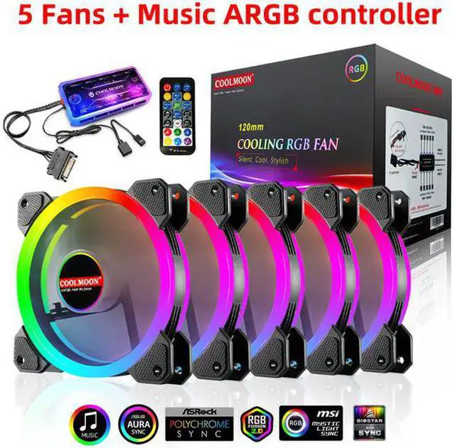 Main image of NewStyp 120mm Case Music Fans High Performance Cooling PC RGB Fans with Hydraulic Bearing Adjust Speed Aura Sync ARGB Music Fan 5 Pack + Music ARGB Controller