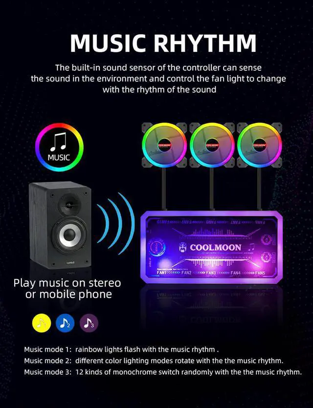 Alt view image 6 of 7 - NewStyp 120mm Case Music Fans High Performance Cooling PC RGB Fans with Hydraulic Bearing Adjust Speed Aura Sync ARGB Music Fan 5 Pack + Music ARGB Controller