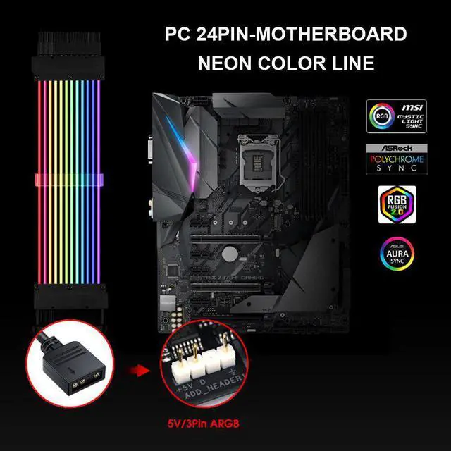 Alt view image 2 of 7 - NewStyp PSU Power Extension Cable RGB ATX 24Pin GPU 8Pin Triple Streamer PCI-E 6+2Pin Dual Rainbow Cord 5V Sync PC Case Decoration 2 x 8 Pins