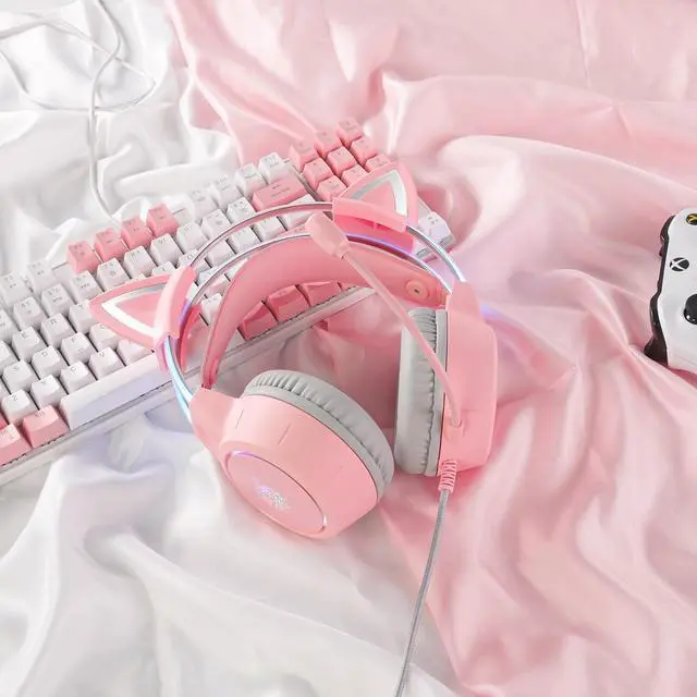 Alt view image 7 of 7 - NEWSTYP Gamers Headset Cute Cat Ear Headphones With Microphone Gaming Headset HD Noise Reduction Over-ear Head Beam For PC Computer Laptop