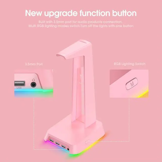 Alt view image 5 of 7 - NEWSTYP RGB Gaming Headphone Stand Computer Headset Desktop Display Holder Luminous Logo with 3 USB and 3.5mm AUX Ports Pink